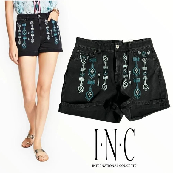 INC International Concepts | Black | COTTON EMBROIDERED DENIM SHORTS - Picture 1 of 7
